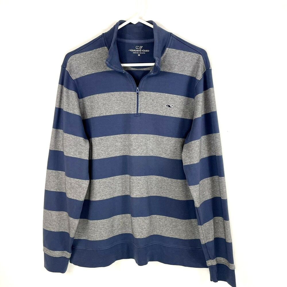 Vineyard Vines Mens 1/4 Zip Medium Long Sleeve Pullover Blue Gray Striped Preppy